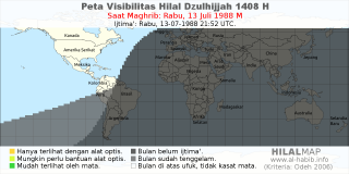 HilalMap: Peta Visibilitas Hilal Dzulhijjah 1408 H: rukyat tanggal 1988-7-13 M