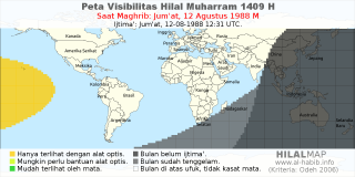 HilalMap: Peta Visibilitas Hilal Muharram 1409 H: rukyat tanggal 1988-8-12 M