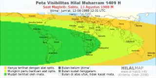 HilalMap: Peta Visibilitas Hilal Muharram 1409 H: rukyat tanggal 1988-8-13 M