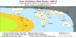 HilalMap: Peta Visibilitas Hilal Shafar 1409 H: rukyat tanggal 1988-9-11 M
