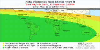 HilalMap: Peta Visibilitas Hilal Shafar 1409 H: rukyat tanggal 1988-9-12 M
