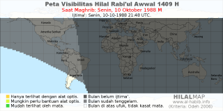 HilalMap: Peta Visibilitas Hilal Rabiul-Awwal 1409 H: rukyat tanggal 1988-10-10 M