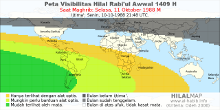 HilalMap: Peta Visibilitas Hilal Rabiul-Awwal 1409 H: rukyat tanggal 1988-10-11 M