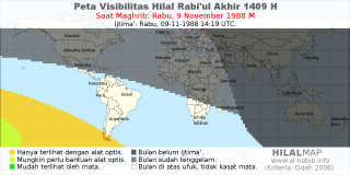 HilalMap: Peta Visibilitas Hilal Rabiul-Akhir 1409 H: rukyat tanggal 1988-11-9 M