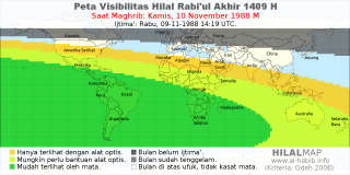 HilalMap: Peta Visibilitas Hilal Rabiul-Akhir 1409 H: rukyat tanggal 1988-11-10 M