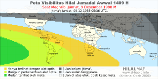 HilalMap: Peta Visibilitas Hilal Jumadal-Awwal 1409 H: rukyat tanggal 1988-12-9 M