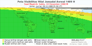 HilalMap: Peta Visibilitas Hilal Jumadal-Awwal 1409 H: rukyat tanggal 1988-12-10 M