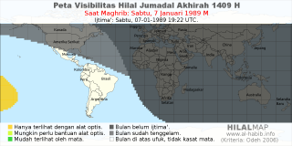 HilalMap: Peta Visibilitas Hilal Jumadal-Akhirah 1409 H: rukyat tanggal 1989-1-7 M