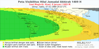 HilalMap: Peta Visibilitas Hilal Jumadal-Akhirah 1409 H: rukyat tanggal 1989-1-8 M