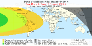 HilalMap: Peta Visibilitas Hilal Rajab 1409 H: rukyat tanggal 1989-2-6 M