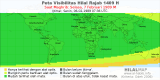 HilalMap: Peta Visibilitas Hilal Rajab 1409 H: rukyat tanggal 1989-2-7 M