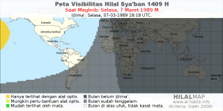 HilalMap: Peta Visibilitas Hilal Syaban 1409 H: rukyat tanggal 1989-3-7 M