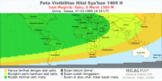 HilalMap: Peta Visibilitas Hilal Syaban 1409 H: rukyat tanggal 1989-3-8 M