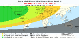 HilalMap: Peta Visibilitas Hilal Ramadhan 1409 H: rukyat tanggal 1989-4-6 M