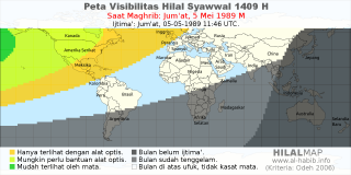 HilalMap: Peta Visibilitas Hilal Syawwal 1409 H: rukyat tanggal 1989-5-5 M