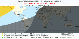 HilalMap: Peta Visibilitas Hilal Dzulqaidah 1409 H: rukyat tanggal 1989-6-3 M