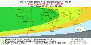 HilalMap: Peta Visibilitas Hilal Dzulqaidah 1409 H: rukyat tanggal 1989-6-4 M
