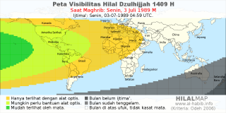 HilalMap: Peta Visibilitas Hilal Dzulhijjah 1409 H: rukyat tanggal 1989-7-3 M
