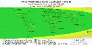 HilalMap: Peta Visibilitas Hilal Dzulhijjah 1409 H: rukyat tanggal 1989-7-4 M