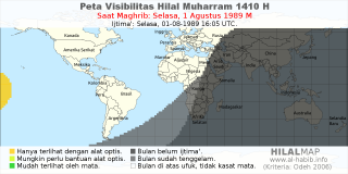 HilalMap: Peta Visibilitas Hilal Muharram 1410 H: rukyat tanggal 1989-8-1 M