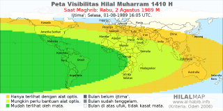 HilalMap: Peta Visibilitas Hilal Muharram 1410 H: rukyat tanggal 1989-8-2 M