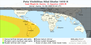 HilalMap: Peta Visibilitas Hilal Shafar 1410 H: rukyat tanggal 1989-8-31 M