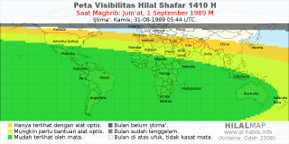 HilalMap: Peta Visibilitas Hilal Shafar 1410 H: rukyat tanggal 1989-9-1 M