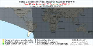HilalMap: Peta Visibilitas Hilal Rabiul-Awwal 1410 H: rukyat tanggal 1989-9-29 M