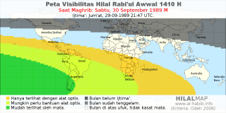 HilalMap: Peta Visibilitas Hilal Rabiul-Awwal 1410 H: rukyat tanggal 1989-9-30 M