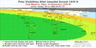 HilalMap: Peta Visibilitas Hilal Jumadal-Awwal 1410 H: rukyat tanggal 1989-11-29 M