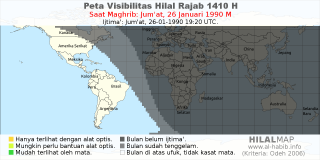HilalMap: Peta Visibilitas Hilal Rajab 1410 H: rukyat tanggal 1990-1-26 M