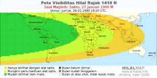 HilalMap: Peta Visibilitas Hilal Rajab 1410 H: rukyat tanggal 1990-1-27 M