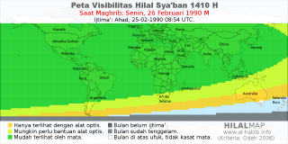 HilalMap: Peta Visibilitas Hilal Syaban 1410 H: rukyat tanggal 1990-2-26 M
