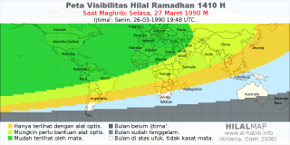 HilalMap: Peta Visibilitas Hilal Ramadhan 1410 H: rukyat tanggal 1990-3-27 M