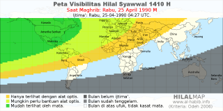 HilalMap: Peta Visibilitas Hilal Syawwal 1410 H: rukyat tanggal 1990-4-25 M