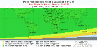 HilalMap: Peta Visibilitas Hilal Syawwal 1410 H: rukyat tanggal 1990-4-26 M
