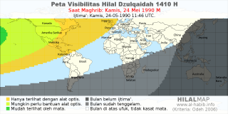 HilalMap: Peta Visibilitas Hilal Dzulqaidah 1410 H: rukyat tanggal 1990-5-24 M