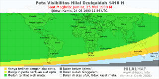 HilalMap: Peta Visibilitas Hilal Dzulqaidah 1410 H: rukyat tanggal 1990-5-25 M