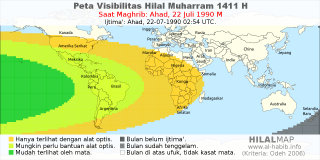 HilalMap: Peta Visibilitas Hilal Muharram 1411 H: rukyat tanggal 1990-7-22 M