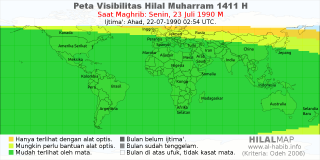 HilalMap: Peta Visibilitas Hilal Muharram 1411 H: rukyat tanggal 1990-7-23 M