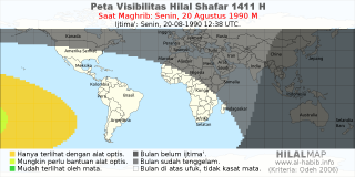 HilalMap: Peta Visibilitas Hilal Shafar 1411 H: rukyat tanggal 1990-8-20 M