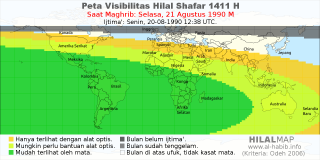 HilalMap: Peta Visibilitas Hilal Shafar 1411 H: rukyat tanggal 1990-8-21 M