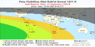 HilalMap: Peta Visibilitas Hilal Rabiul-Awwal 1411 H: rukyat tanggal 1990-9-19 M