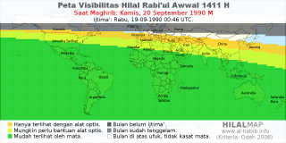 HilalMap: Peta Visibilitas Hilal Rabiul-Awwal 1411 H: rukyat tanggal 1990-9-20 M