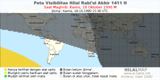 HilalMap: Peta Visibilitas Hilal Rabiul-Akhir 1411 H: rukyat tanggal 1990-10-18 M