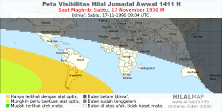 HilalMap: Peta Visibilitas Hilal Jumadal-Awwal 1411 H: rukyat tanggal 1990-11-17 M