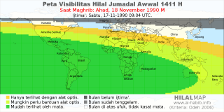 HilalMap: Peta Visibilitas Hilal Jumadal-Awwal 1411 H: rukyat tanggal 1990-11-18 M