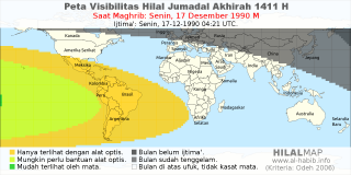 HilalMap: Peta Visibilitas Hilal Jumadal-Akhirah 1411 H: rukyat tanggal 1990-12-17 M