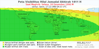 HilalMap: Peta Visibilitas Hilal Jumadal-Akhirah 1411 H: rukyat tanggal 1990-12-18 M