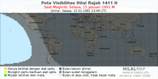 HilalMap: Peta Visibilitas Hilal Rajab 1411 H: rukyat tanggal 1991-1-15 M